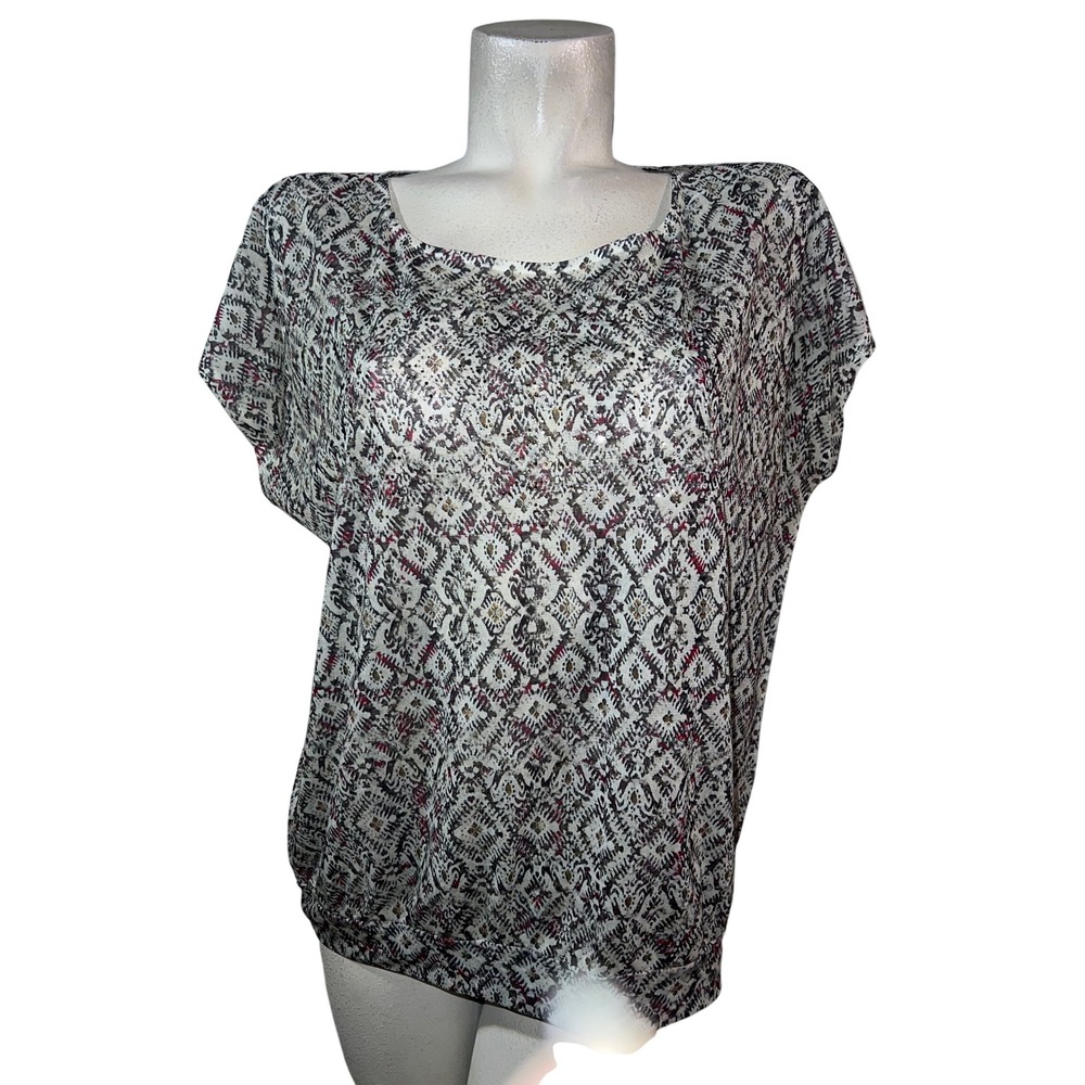 Chico's Top Women's Size L (2) Geometric Print SS Green Rust Embellished Blouse